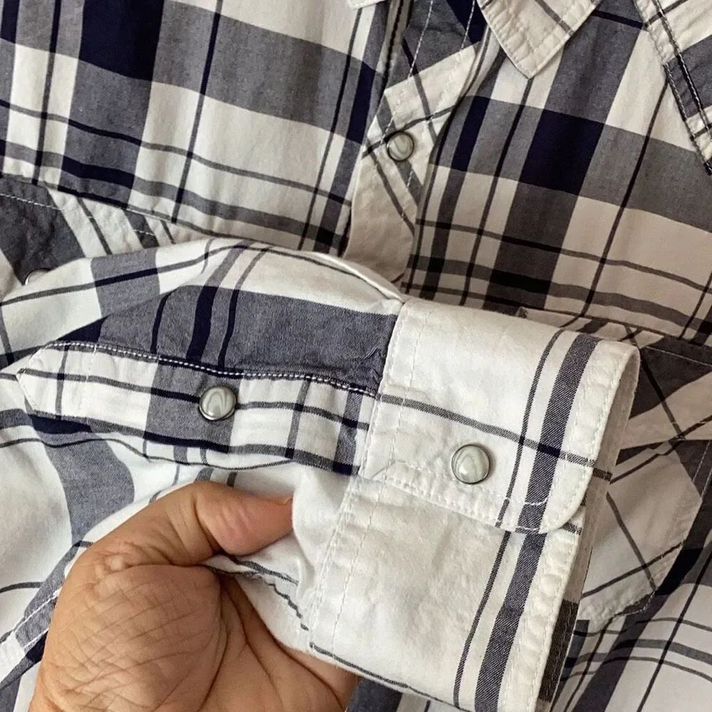 Roebuck & Co. XXL Western Pearl Snap Front Plaid Shirt 100% Cotton Blue White - Picture 6 of 9